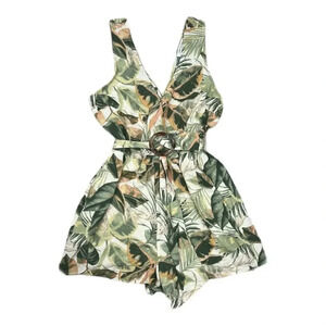 American Eagle Green Leaf Print Boho Belted Romper XS
